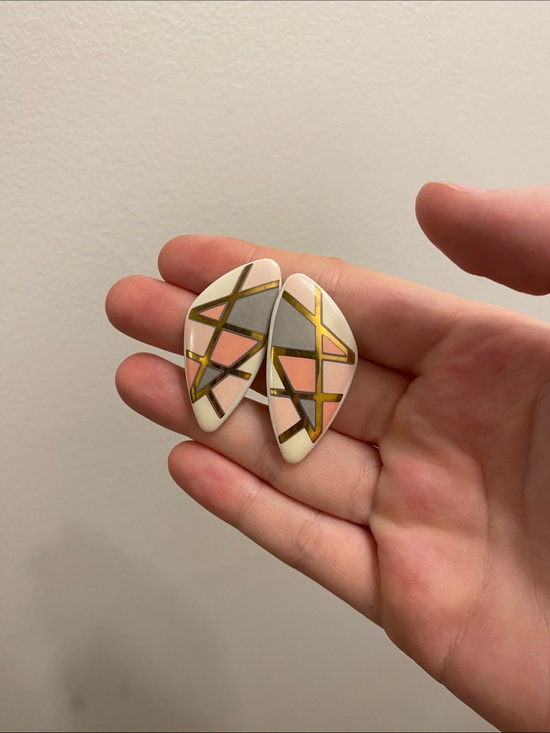 Jewelry - Geometric Ceramic Statement Earrings in Pink, Gray & Gold Tone